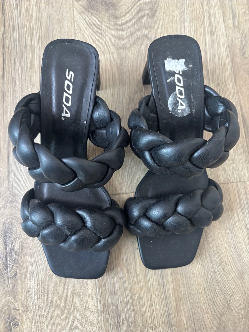 Soda Black Braided Double-Strap Mid Heel Sandals